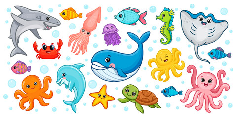 set of sea animals. Dolphin, octopus, sea horse, sea ​​turtle, squid, stingray, jellyfish, shark. Cute cartoon animals for kids.