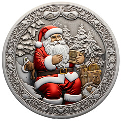 Christmas Santa claus in old coin illustration style, santa sitting with gift box and christmas tree,engraved metal art