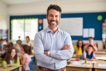 Portrait of smiling male teacher in a class at elementary school looking at camera with learning students on background - obrazy, fototapety, plakaty