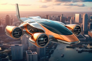 Atmospheric scene featuring a futuristic flying car soaring through the sky. Generative AI