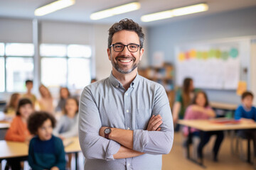 Portrait of smiling male teacher in a class at elementary school looking at camera with learning students on background