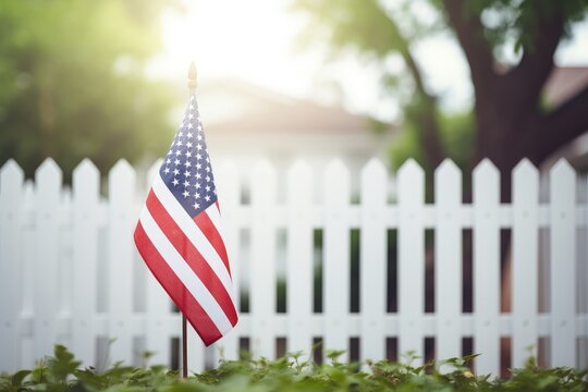 Small USA flag on white wooden picket fence, patriotism and holiday concept. Generative AI