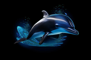 Cute dolphin jumping isolated on black background with splashes of water