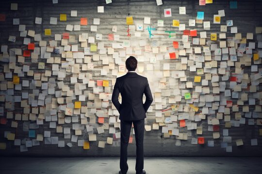 a man in business clothes standing with his back turned in front of a huge wall with sticky notes, cutouts and threads connecting the information. Detective investigative work in finance or business.
