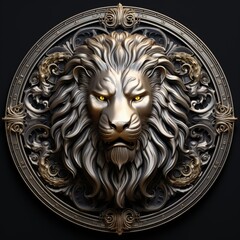 Lion emblem made of silver and golden details, black background. Generative AI