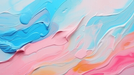 An abstract painting with blue, pink, and yellow colors