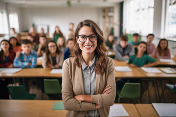 Portrait of smiling teacher in a class at elementary school looking at camera with learning students on background - obrazy, fototapety, plakaty
