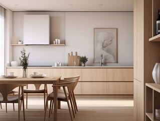 Fototapeta na wymiar Scandinavian interior of kitchen in pastel off-white tones using light wood: simplicity, minimalism, and functionality. clean lines, neutral colors, and lots of natural light. Generative AI