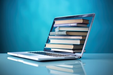 Laptop with books, technology and digital collections concept, digital illustration. Generative AI