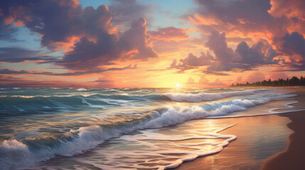 Fototapeta na wymiar A painting of a sunset over the ocean