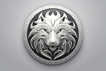 Wolf emblem made of silver, white background. Generative AI
