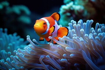 Clownfish at the bottom of the sea among the corals. Generative AI