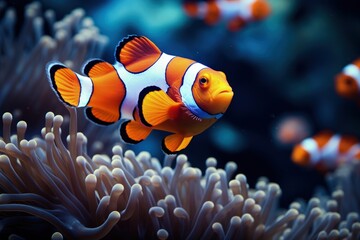 Naklejka na ściany i meble Clownfish at the bottom of the sea among the corals. Generative AI