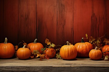 Wooden background with pumpkins, thanksgiving day holiday concept. Generative AI