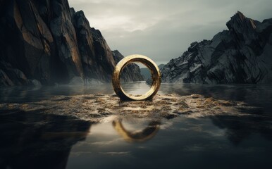 Golden portal in the lake on unknown planet, fantasy concept. Generative AI
