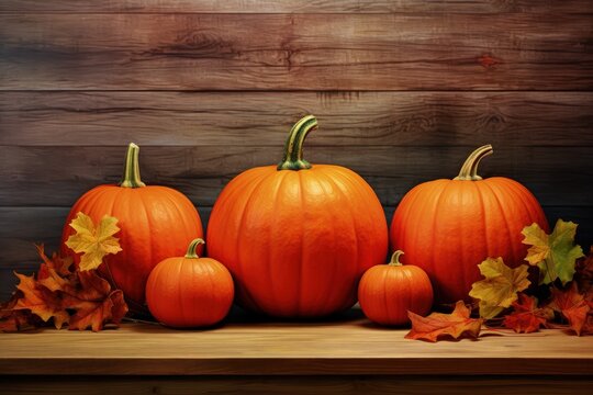 Wooden background with pumpkins, thanksgiving day holiday concept. Generative AI