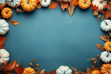 Blue background with pumpkins and autumn leaves, thanksgiving day holiday concept. Generative AI