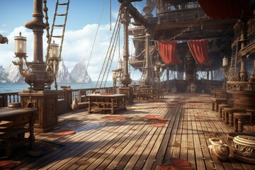 Pirate ship deck, history and fantasy concept. Generative AI - obrazy, fototapety, plakaty