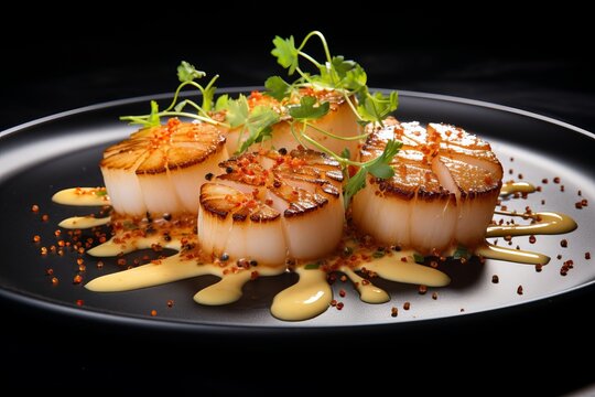 Delicious Luxurious Dish Cooked Roasted Sea Scallops With Greens On A Black Background. Michelin Restaurant Meal. Generative AI