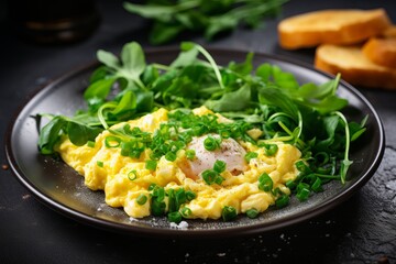 Breakfast scrambled eggs with green herbs, parsley in black plate on dark neutral table. Generative AI - obrazy, fototapety, plakaty