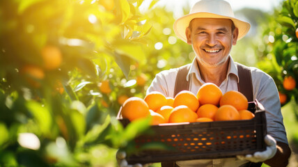 happy farmer man with basket with oranges. agriculture