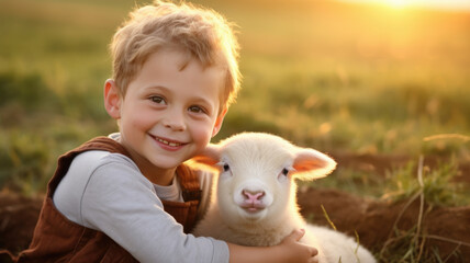small child hugging a lamb on field. livestock and tenderness