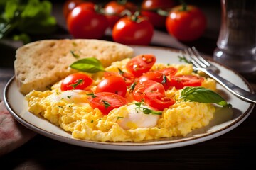 Breakfast scrambled eggs with red colorful tomatoes and green herbs, parsley in white plate on dark neutral table