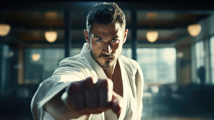 karate and martial arts master or trainer showing fist