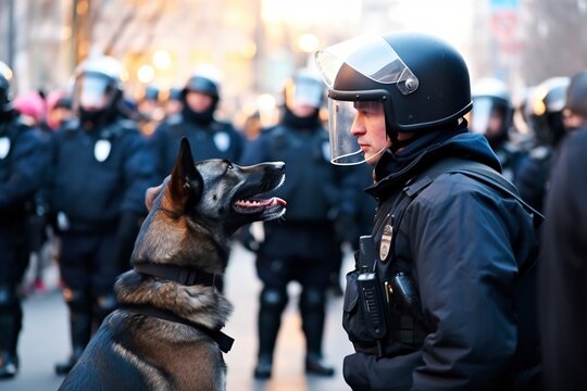 A group of policemen intimidate using horses and dogs in a demonstration. Ai generated.