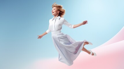 Advertisement studio banner with a young thin blond woman in long white casual dress flying in the air on pale blue background. Generative AI technology