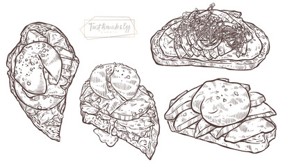 Avocado toast with poached egg. Healthy breakfast meal. Hand drawn.