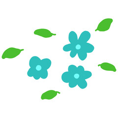 Blue flowers and leaves on white background
