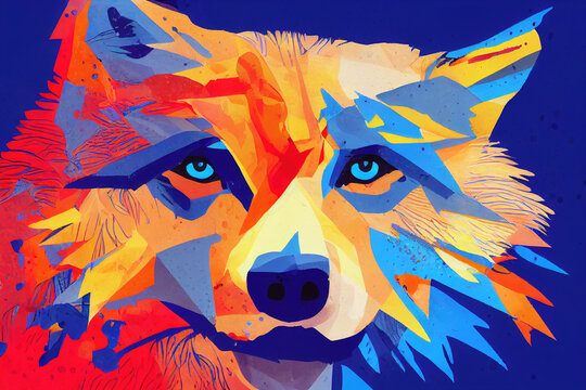 The head of the wolf is drawn in an interesting artistic style with multicolored paint. Close-up. AI-generated