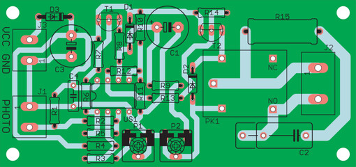 Vector printed circuit board of an electronic 
device with components of radio elements, 
conductors and contact pads placed on it. 
Engineering drawing.