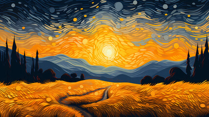 Hand drawn cartoon beautiful autumn wheat field illustration
