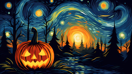 Hand-drawn cartoon beautiful halloween jack-o-lantern illustration under the starry sky
