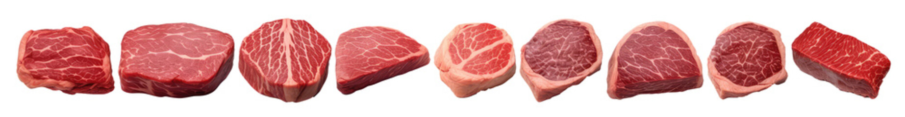 Obraz premium Set of Pieces of meat isolated on white transparent png background, cutout, clipart. Collection of meat beef, slices and steaks. 3d render illustration style.