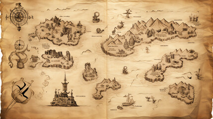 Treasure map style sheet of old aged retro paper