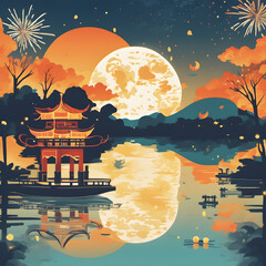 Chinese Mid-Autumn Festival, appreciate the view in a gazebo with a great river scene and beautiful full moon, fireworks and mountains in the background