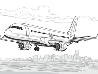 a plane flying over the city coloring page