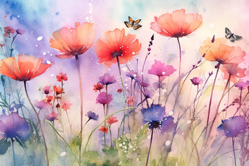 watercolor painting flowers and butterflies