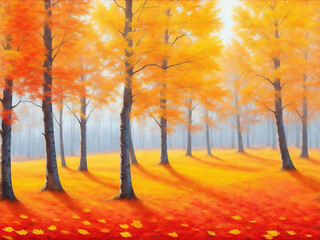 Landscape of beautiful autumn forest. Impressionism style oil painting.