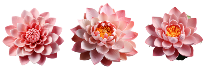 Set of three lotus flowers isolated on a transparent white background