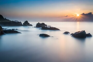 Fototapeta na wymiar sunrise over the sea generated by AI tool
