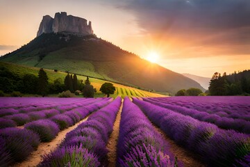 Naklejka premium lavender field at sunset generated by AI tool