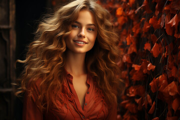 Stylish young woman next to ivy leaves in autumn time, created with Generative AI Technology