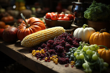 Still life of health food on wooden table, vegetables such as tomatoes, corn, pumpkins and other