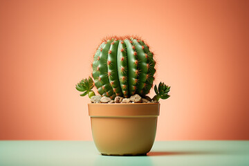 Beautiful cactus in a pot on orange background