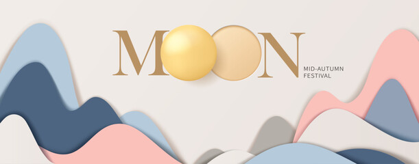 Mid-autumn festival banner with moon and mountain on beige background. Vector illustration for banner, poster, flyer, invitation, discount, sale.