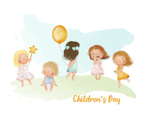 International Children's Day watercolor illustration with children playing